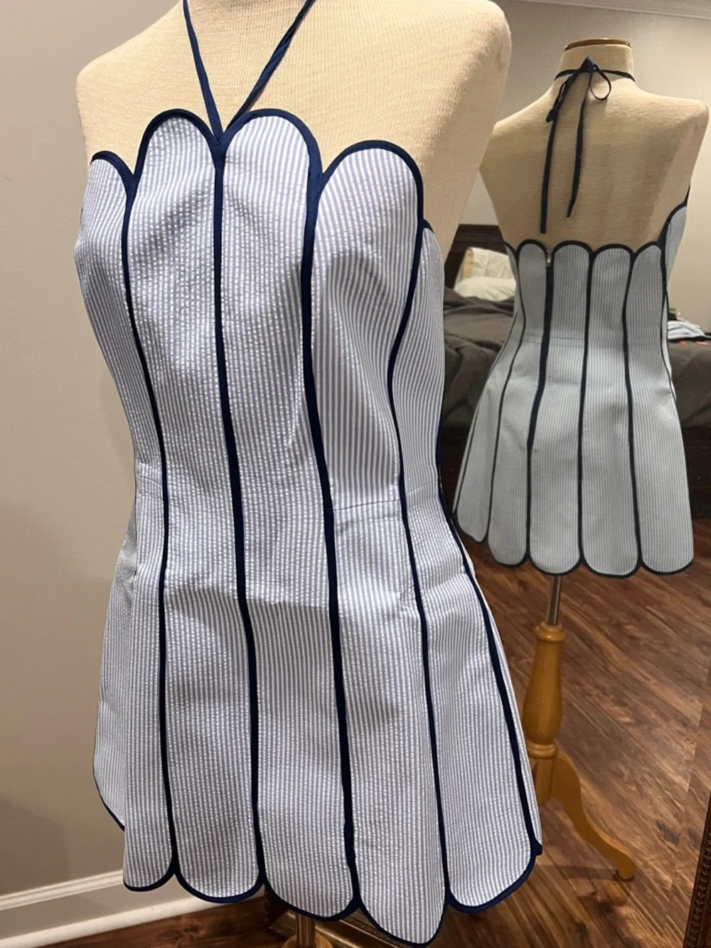 Striped Blue & White Scalloped Strapless Mini Dress - Picture 3 of 11